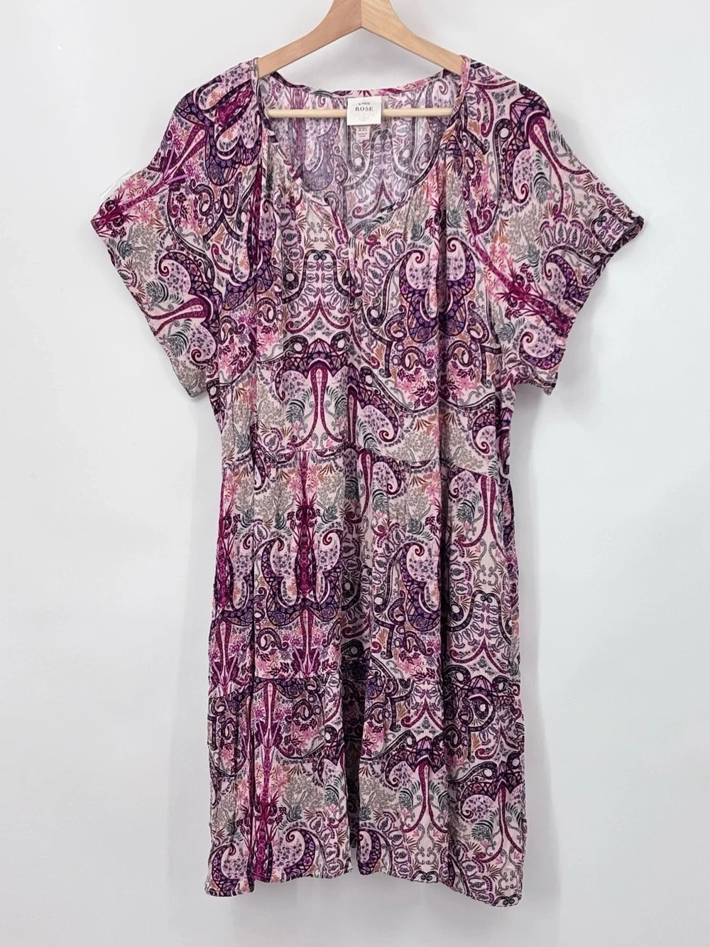 Knox Rose Paisley Babydoll Dress XXL Purple Red Multi Tiered Mini Boho pockets - Picture 2 of 11